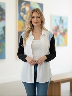 Trouve White, Black & Light Blue Colorblock Shirt Dress